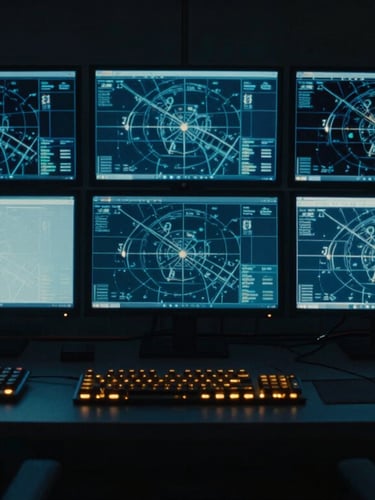 Cinematic low-key wide shot of a dark dispatch control room, illuminated by cool blue screen glow and dramatic amber keyboard lights, multiple monitors displaying active CAD maps.