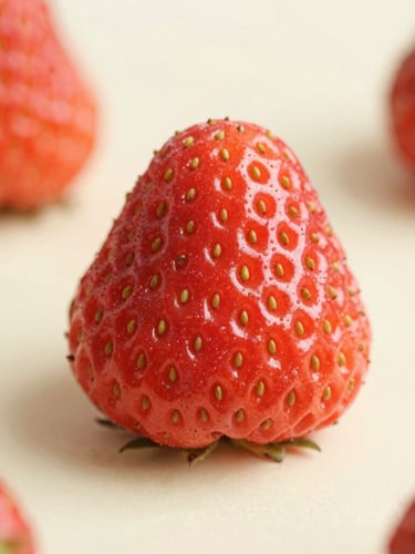 Macro close-up of a vibrant strawberry paleta showing rich texture and seeds, resting on a soft cream surface under bright natural daylight, shallow depth of field.