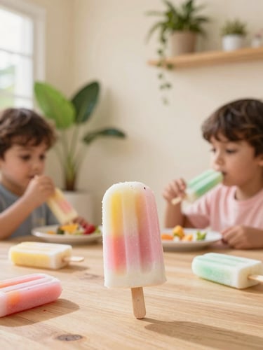 Bright editorial food photography of a beautiful pastel-toned Mexican paletería interior, soft natural daylight, warm cream walls, green plants, and a family enjoying paletas at a wooden table