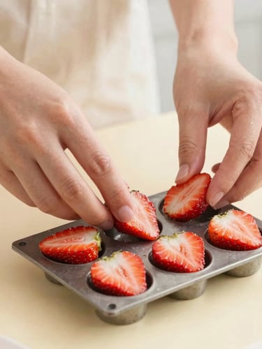 A master artisan's hands gently placing fresh strawberry slices into a traditional metal paleta mold, warm cream kitchen background, soft daylight, editorial food photography