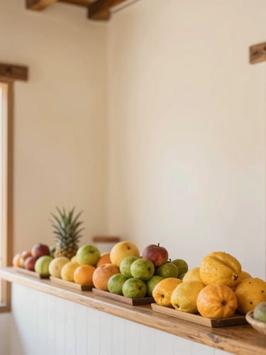 Bright editorial photography of a cozy paletería interior in Coyoacán, warm cream walls, rustic wooden details, soft daylight, fresh fruits on display