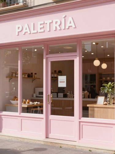 Bright editorial photography of a modern paletería storefront in Roma Norte, soft pastel pink accents, large clean windows, natural daylight, warm and inviting