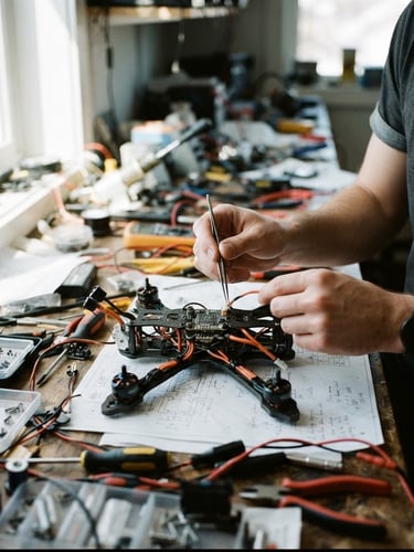 Crisp editorial photography of hands assembling a hardware drone prototype on a workshop table cluttered with blueprints, bright window light casting sharp shadows, orange wires, 35mm