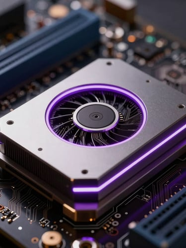 Macro shot of a high-end GPU circuit board, electric violet ambient rim lighting, shallow depth of field