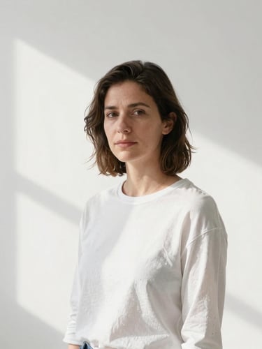 Sober medium-format portrait of artist Beatriz Marí in her bright white studio, soft natural side-lighting, crisp textures, minimalist gallery aesthetic