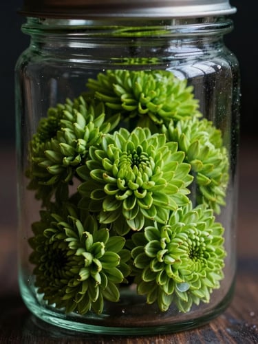 A close-up macro photograph of a clean glass jar containing perfectly manicured green flower, soft low-key evening lighting, dark background
