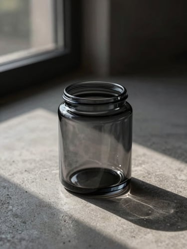 A minimalist dark glass jar sitting on a concrete surface, soft evening ambient light from a window casting long shadows, sophisticated luxury aesthetic.