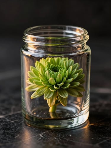 Macro close-up of a minimalist clear glass jar containing manicured green flower, soft evening ambient light, warm golden hour shadows, luxury dark marble background