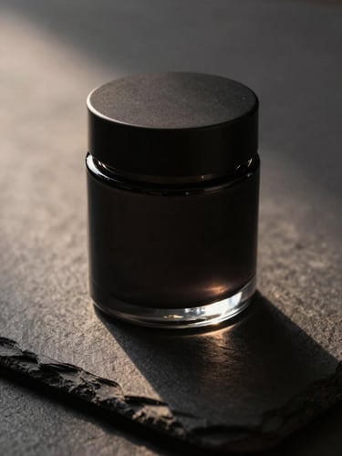 A close-up macro shot of a minimalist, matte black glass jar on a dark slate surface, warm evening ambient light casting long shadows, sophisticated and discreet.