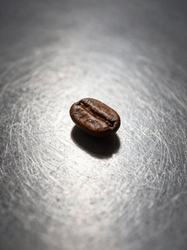 Minimalist product photography of coffee beans on a steel surface, clinical studio light with sharp high-contrast shadows, macro lens