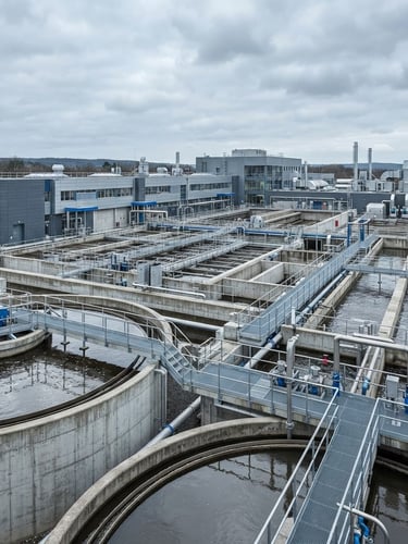 Wide-angle crisp architectural photography of a large-scale water treatment facility under overcast daylight, clean lines, technical blue and slate gray tones, high detail