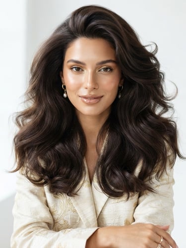 High-fashion portrait of a woman with high-gloss, voluminous blowout hair, bright natural daylight, clean white studio background, shallow depth of field, 85mm lens.