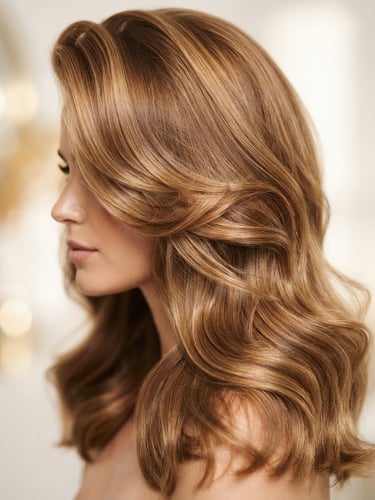 Close-up of an impeccably styled high-volume blowout showing texture and shine, bright natural daylight, clean white and soft gold tones, shallow depth of field, 85mm lens