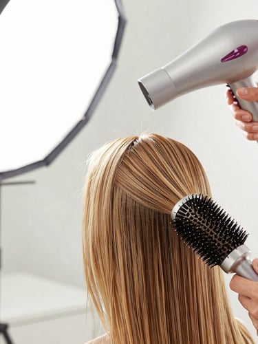 Close-up of a professional stylist's hands using a round brush and blow dryer on sleek hair, soft-box studio lighting, clean modern salon background.