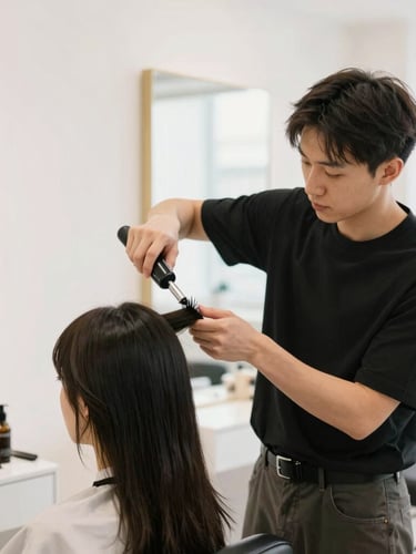 A professional stylist mid-motion using styling tools on a client's hair, bright high-key natural light, clean modern salon interior, shallow depth of field