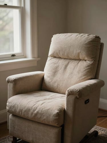 An empty comfortable therapy chair of soft linen in a quiet interior room, indirect north-facing window light casting gentle shadows, warm editorial photography, muted earthy tones, shallow depth of field, 35mm