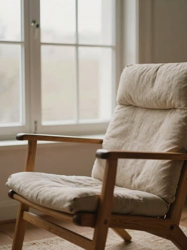 An empty comfortable wooden therapy chair beside a large window with soft, indirect north-facing light, warm linen textures, muted earthy tones, 35mm photography