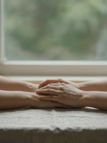 Close-up of two hands resting calmly on a textured linen tablecloth, soft natural north-facing window light, muted forest green background, shallow depth of field