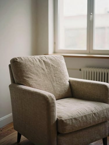 Quiet interior of a modern therapy office, a comfortable linen armchair bathed in soft indirect window light, warm earthy tones, 35mm photography