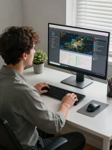 Medium shot from slightly above, a professional at a well-lit desk reviewing a dashboard on a large monitor, calm north-facing daylight, organized workspace with a small potted plant in the corner, documentary-quiet tone, no eye contact with camera