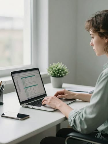 Medium shot, bright north-facing office light — a professional leaning toward a laptop, dashboard charts visible on screen, hands resting on keyboard, organized desk with a small plant, muted sage-green and white tones, documentary-quiet atmosphere
