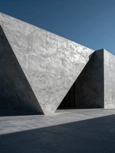 Wide environmental shot of a monolithic modern concrete structure with sharp geometric angles, low-key cool silver and deep blue lighting, empty of people, casting long architectural shadows.