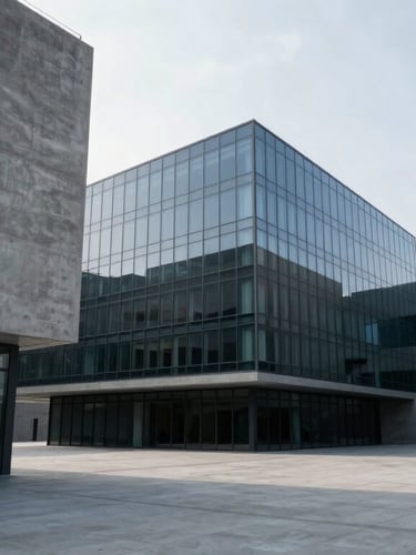 Wide-angle environmental shot of monolithic modern concrete and dark glass architecture under cool silver chiaroscuro lighting.