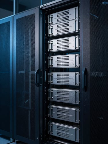 High-end server infrastructure under cool silver and deep blue tones, low-key chiaroscuro lighting, architectural layout.