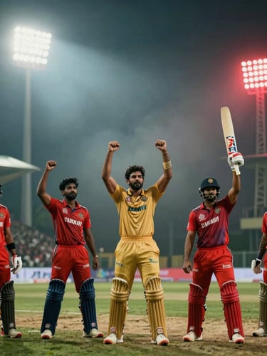Cinematic Indian cricket players in dramatic celebration poses, stadium floodlights cutting through night mist, red neon glows, 35mm