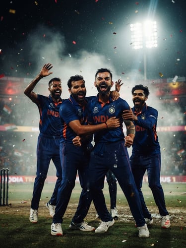 Low-angle dynamic shot of Indian cricket players in intense celebration under dramatic stadium floodlights cutting through mist, high contrast, red and gold neon glows, 35mm.