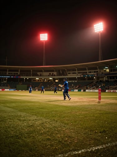 Dramatic low-angle shot of a cricket stadium pitch at night under glowing red and gold floodlights, cinematic atmosphere