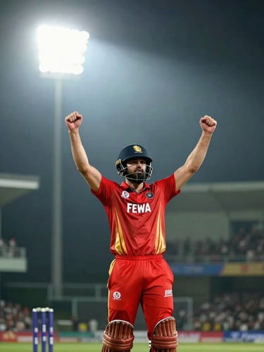 Dramatic backlighting on a professional cricket captain celebrating, stadium floodlights cutting through night mist, crimson accents, shallow depth of field