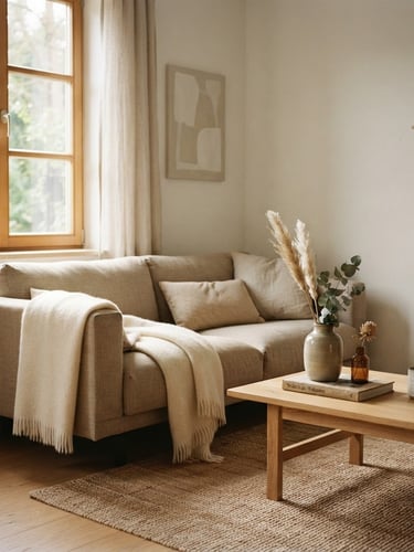 Sunlit corner of a minimalist Scandinavian living room, warm beige and cream tones, textured linen sofa, a few carefully placed decor objects, soft morning window light, shallow depth of field, 35mm