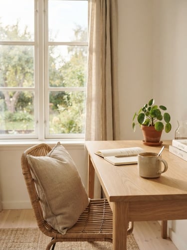 Sunlit corner of a minimalist Scandinavian home office, a styled wooden desk with a ceramic mug and a green plant, soft diffused morning light, textured linen curtains, wide view through a window, warm editorial photography, shallow depth of field, 35mm