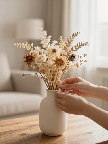 Medium-close detail shot of hands arranging a dried flower bouquet in a cream ceramic vase on a natural wood table, soft diffused morning light, blurred background of a cozy living room, warm editorial photography, shallow depth of field, 35mm