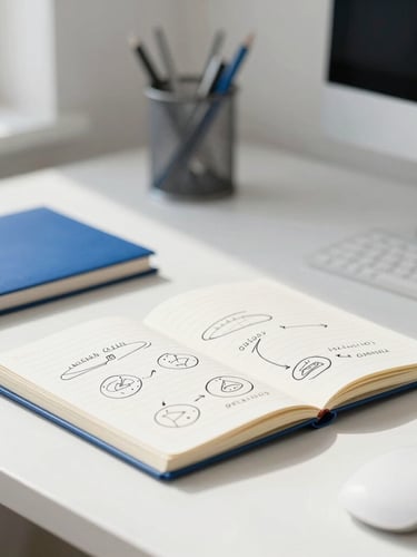 A bright minimalist workspace flooded with natural morning daylight, a clean white desk with a notebook showing a handwritten strategy sketch, shallow depth of field, 50mm lens