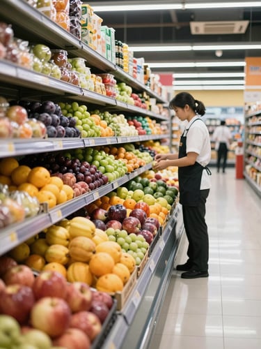 Bright commercial shot of a pristine supermarket aisle, neatly stacked vibrant fresh fruits in the foreground, clean reflective floor, professional staff in uniform.