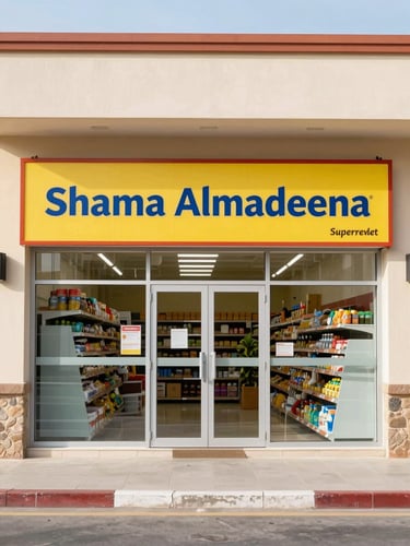 Straight-on architectural shot of Shama Almadeena Supermarket storefront, bright clean commercial photography, natural overhead light, daytime