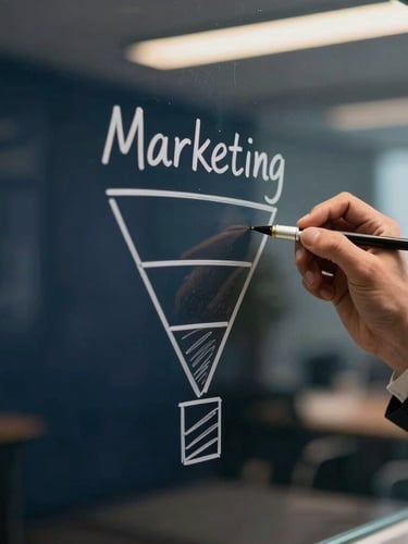 A close-up detail shot of hands sketching a structured marketing funnel on a glass whiteboard, sharp focus, executive boardroom lighting, deep navy tones.