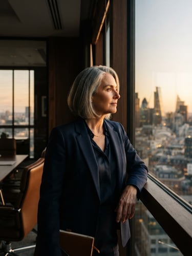An editorial portrait of a senior B2B consultant looking thoughtfully out a high-rise office window, warm gold light, deep navy shadows, 35mm lens.