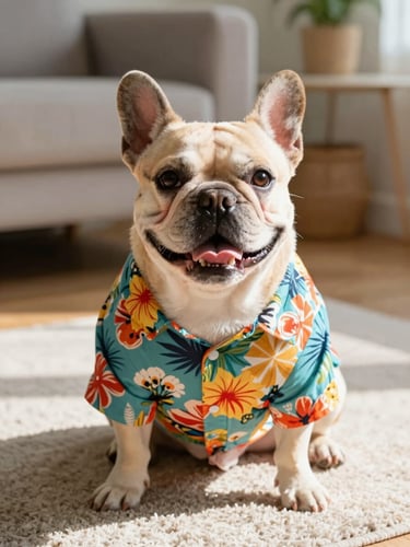 A happy French Bulldog wearing a colorful, tailored Hawaiian shirt, sitting comfortably on a sunny living room rug, warm natural daylight, eye-level shot.