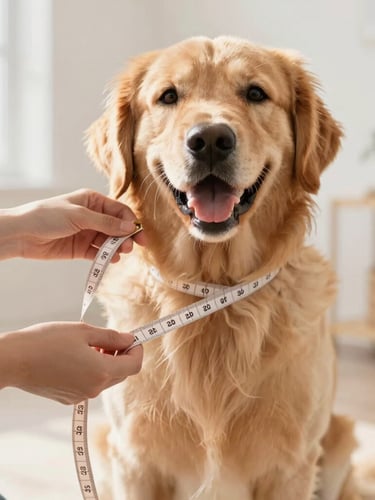 Eye-level photo of a designer's hands carefully measuring a happy golden retriever with a soft tape measure in a bright Ottawa studio, warm natural daylight