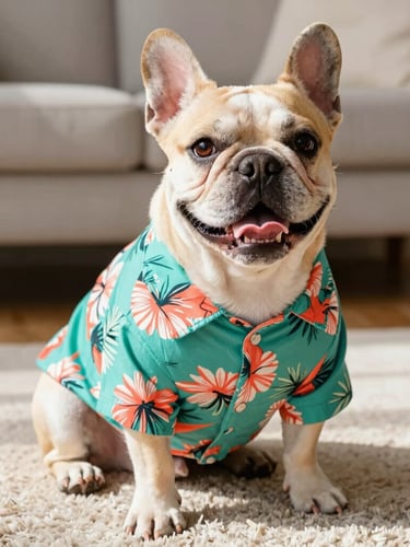 A happy French Bulldog wearing a bright custom-fit teal and coral Hawaiian shirt, sitting comfortably on a sunny living room rug, eye-level shot, warm natural daylight.