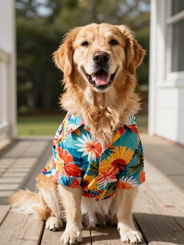 A joyful golden retriever wearing a vibrant, colorful Hawaiian shirt sitting on a sunny wooden porch, eye-level shot, warm natural daylight, shallow depth of field.