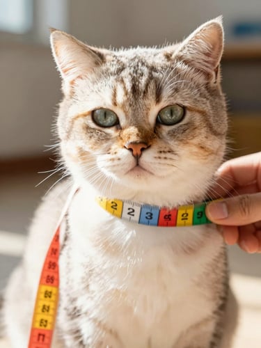A close-up of a calm cat being measured gently around the chest with a colorful measuring tape, soft natural daylight, warm home setting.