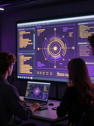 Low-key studio photography of a collaborative creative tech session, professional team analyzing glowing purple and gold data visualizations on a large screen, moody atmosphere, cinematic depth of field