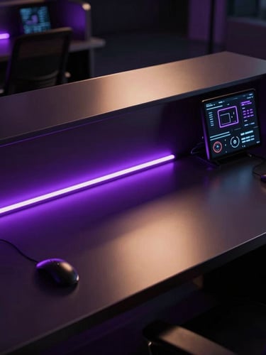 Cinematic dark photography of a sleek, ultra-modern agency workstation, glowing purple ambient light reflecting on dark metallic surfaces, clean lines, high contrast, 35mm