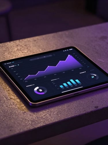 Sleek dark tablet on a concrete table showing a dashboard with positive growth metrics, glowing purple accent lighting, cinematic depth of field