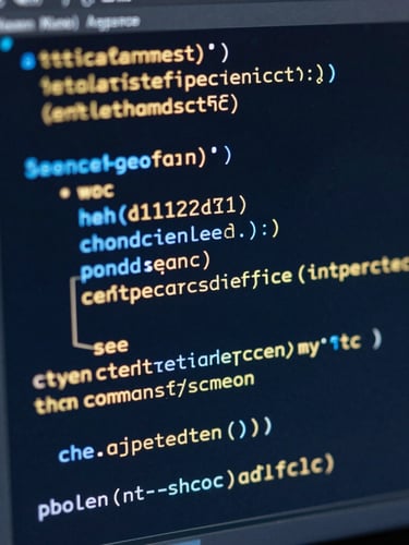Macro detail shot of clean, glowing code structures on a dark monitor, neon blue and warm gold ambient light, sharp contrast, 35mm
