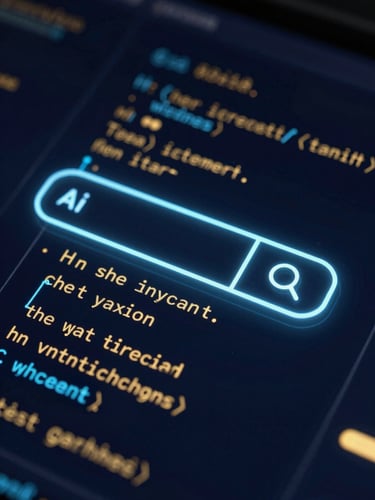 Macro editorial shot of glowing code structures and AI search nodes, neon blue and gold accents, dark navy background, high contrast, 35mm